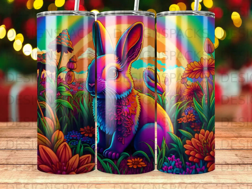 Colorful bunny sits in a vibrant field of flowers with a rainbow.