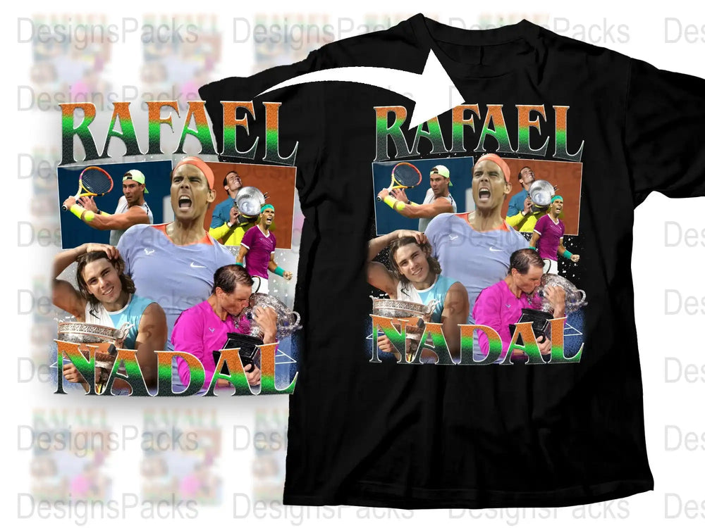 Rafael Nadal Tennis Moments Collage T-Shirt, Colorful Athlete Graphic Tee, Sports Fan Apparel