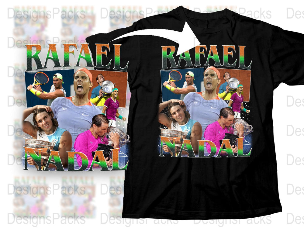 Rafael Nadal Tennis Moments Collage T-Shirt, Colorful Athlete Graphic Tee, Sports Fan Apparel