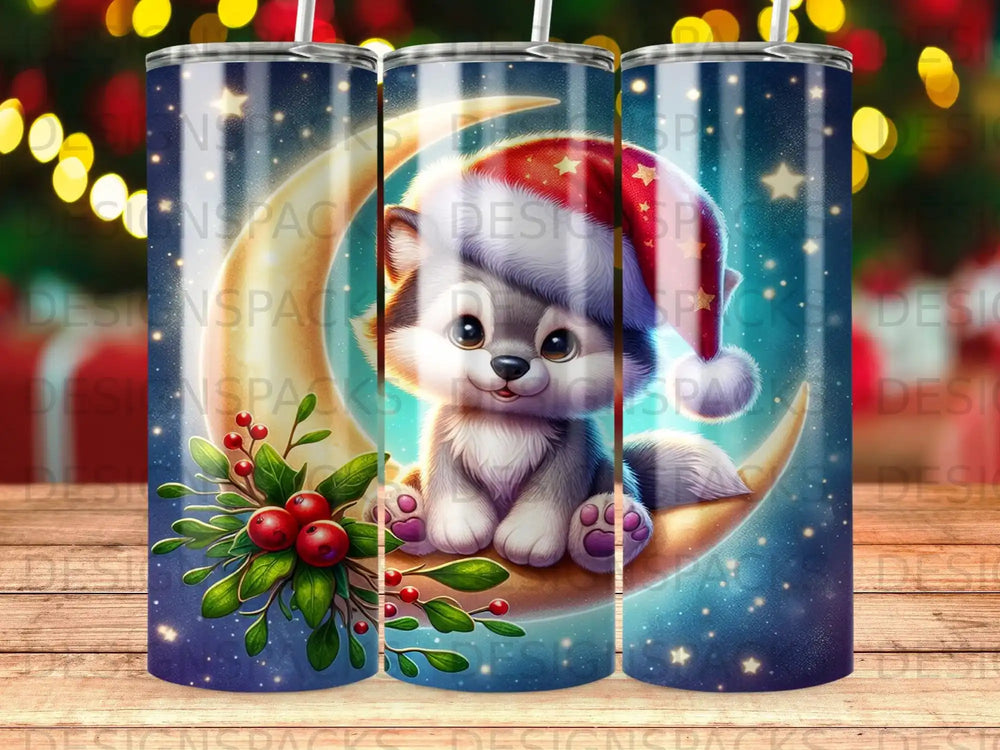 Cute wolf cub wearing Santa hat sitting on crescent moon, with festive lights and berries.