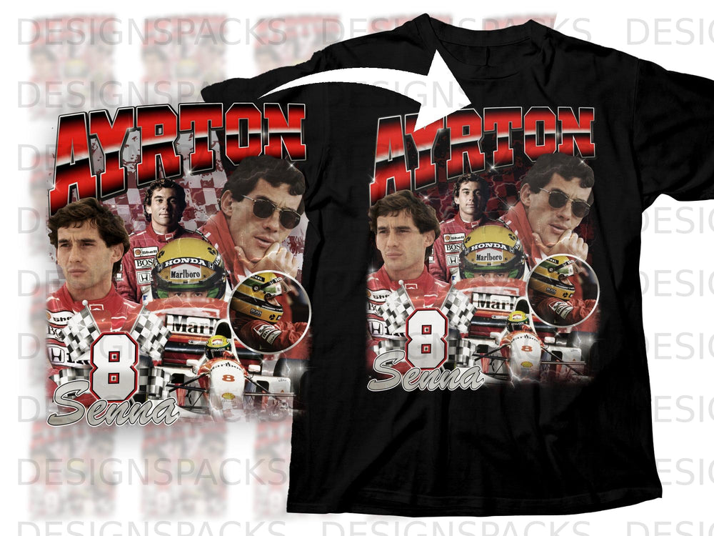 Ayrton Senna graphic on a black t-shirt with racing imagery and checkered flags.