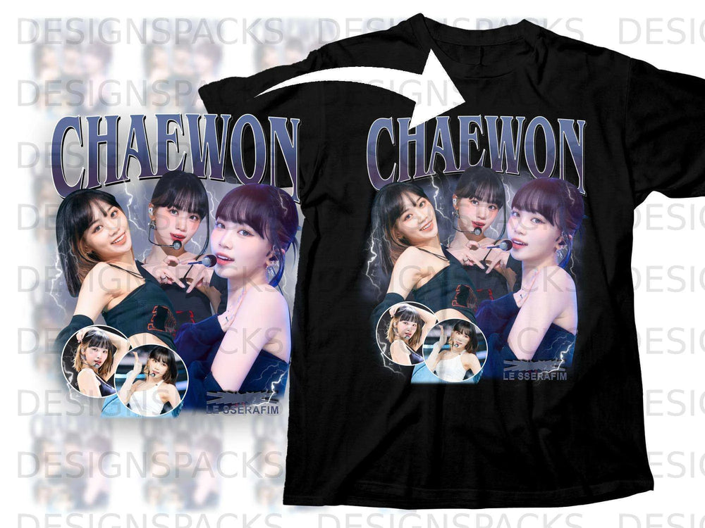 Black t-shirt featuring a collage of K-pop group LE SSERAFIM and the name CHAEWON.