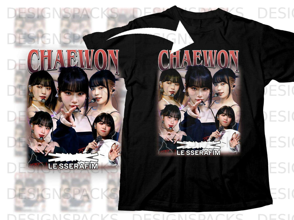 Black t-shirt with LE SSERAFIM members Chaewon, Sakura, and Kazuha in a collage.