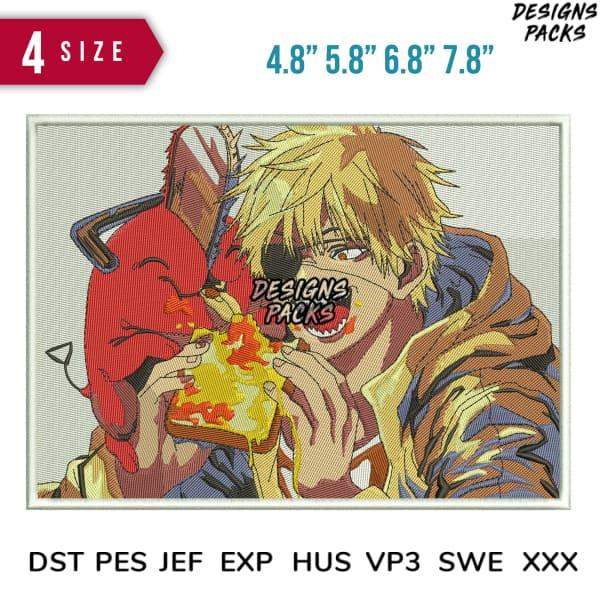 Anime-style embroidery design of blonde character eating pizza, available in 4 sizes & multiple formats
