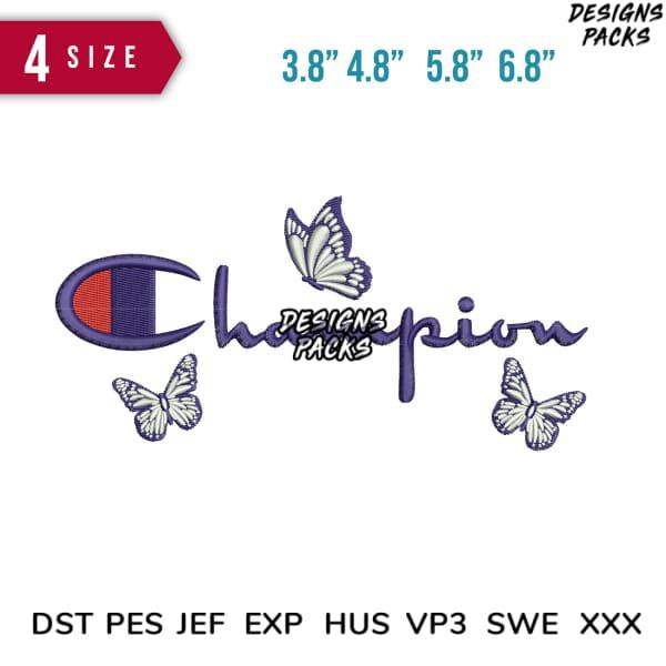 Champion logo with butterflies embroidery design in 4 sizes, compatible with DST PES JEF formats