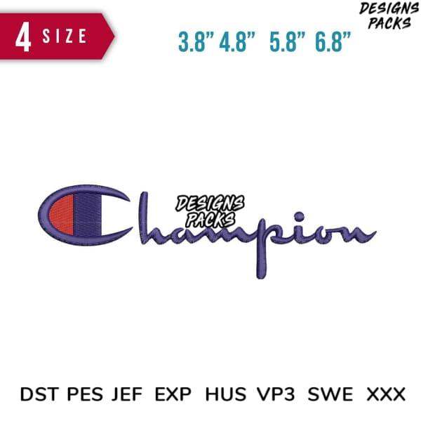 Champion logo embroidery design in 4 sizes, compatible with DST PES JEF formats for instant download
