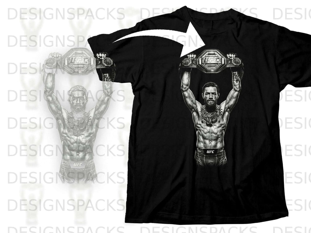 Black t-shirt featuring McGregor holding UFC belts, with faint graphic outline.