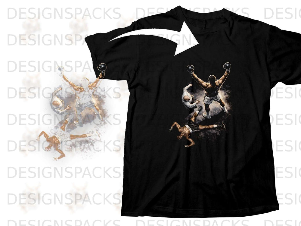 Black t-shirt with a boxing graphic showing a triumphant winner and fallen opponent.