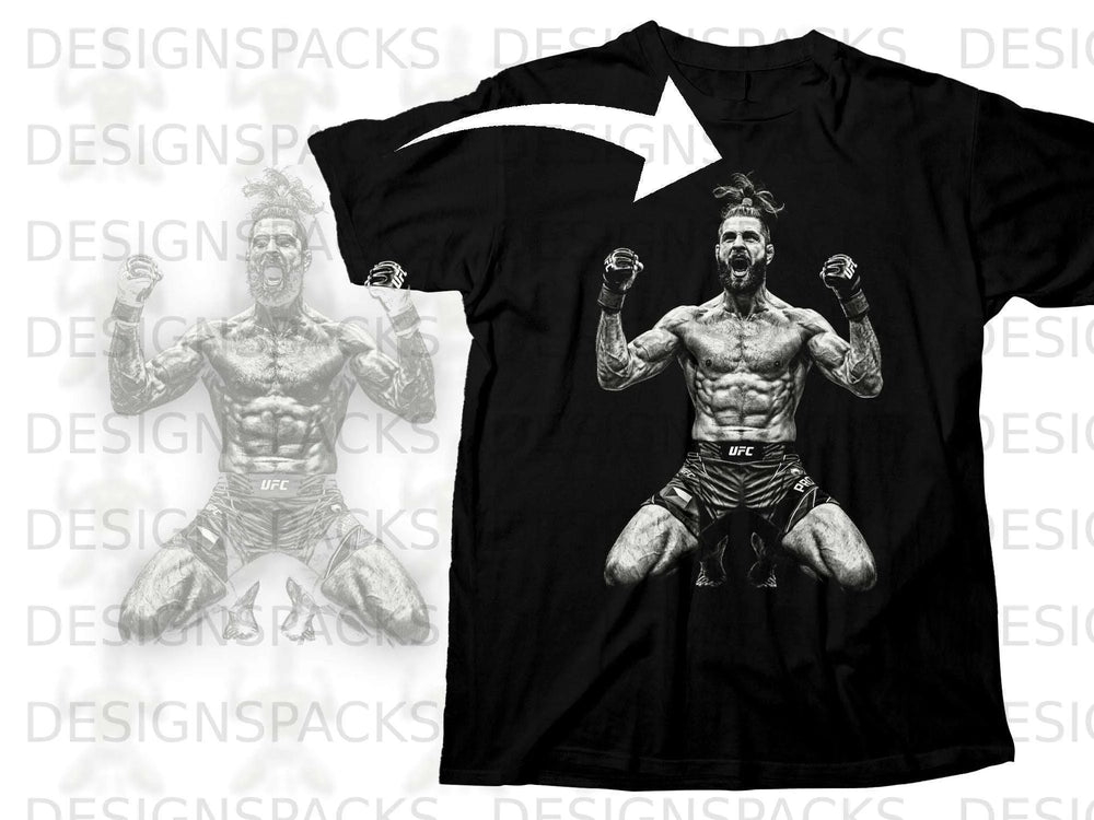 Black t-shirt with a graphic of a muscular fighter celebrating with fists raised.