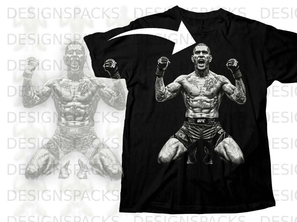 Black t-shirt featuring a UFC fighter in black and white with a white arrow.