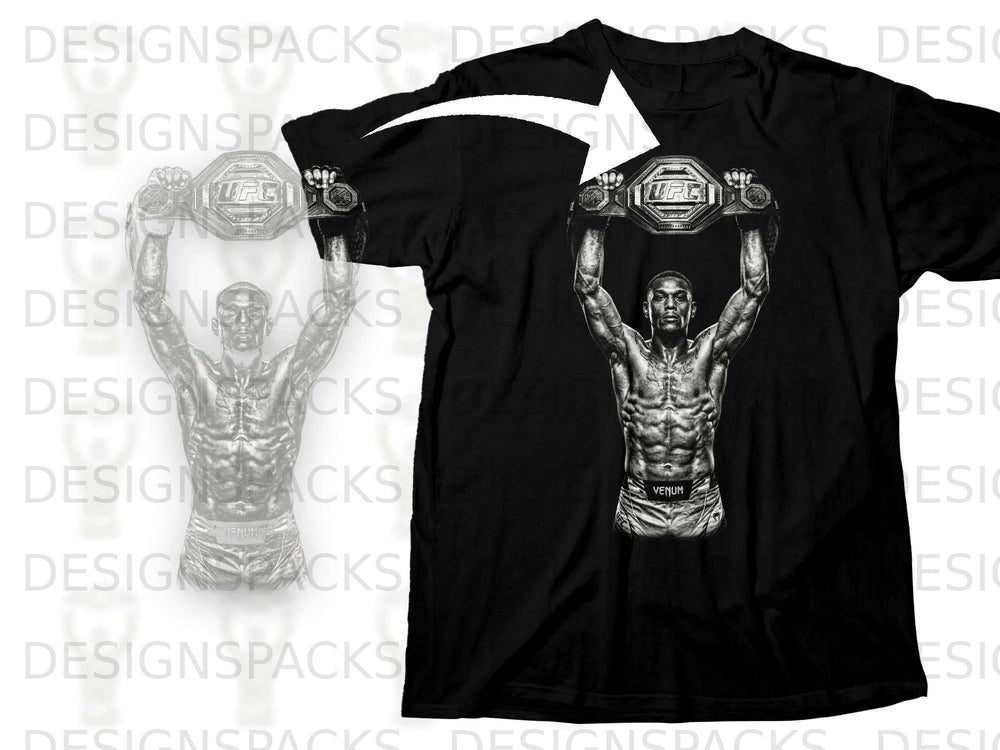 Black t-shirt featuring a muscular fighter holding a UFC championship belt.