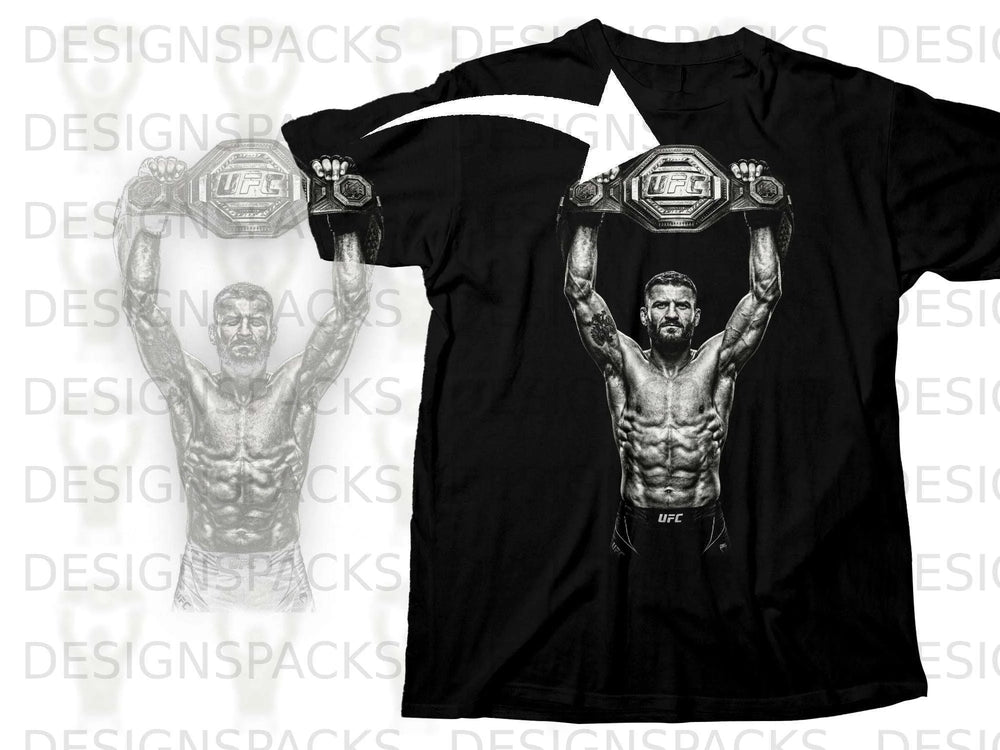 Black t-shirt featuring a UFC fighter holding up a championship belt.