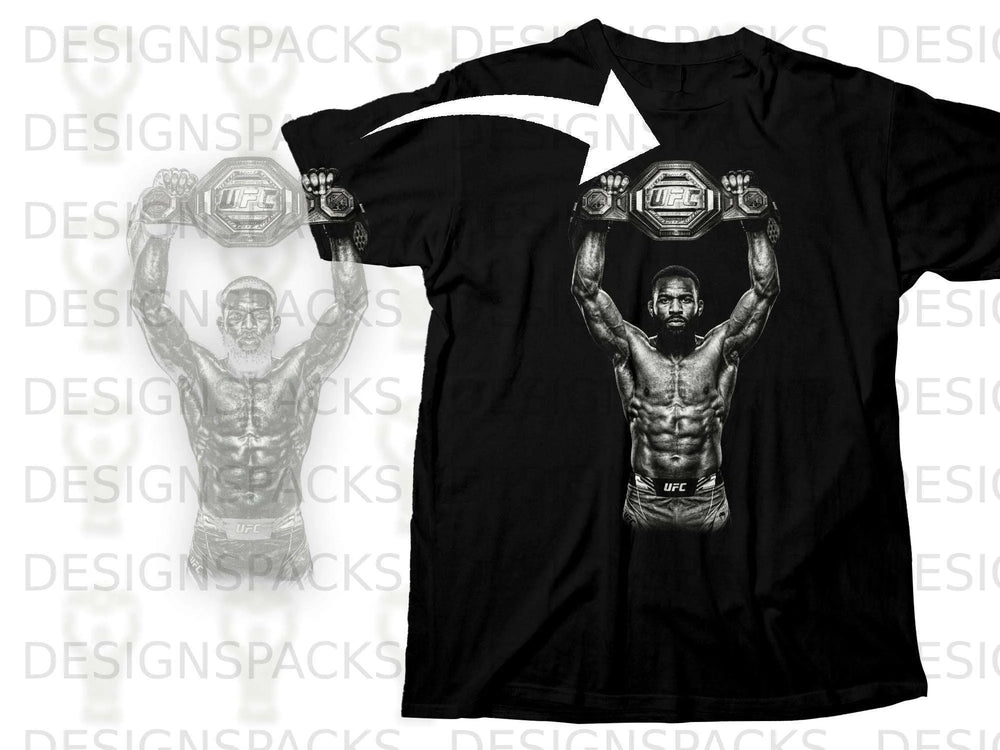 Black t-shirt with graphic of fighter holding UFC championship belt overhead.