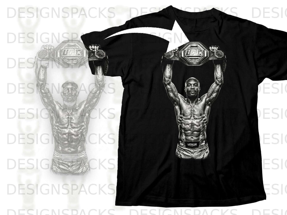 Black t-shirt featuring UFC champion holding championship belt above head.