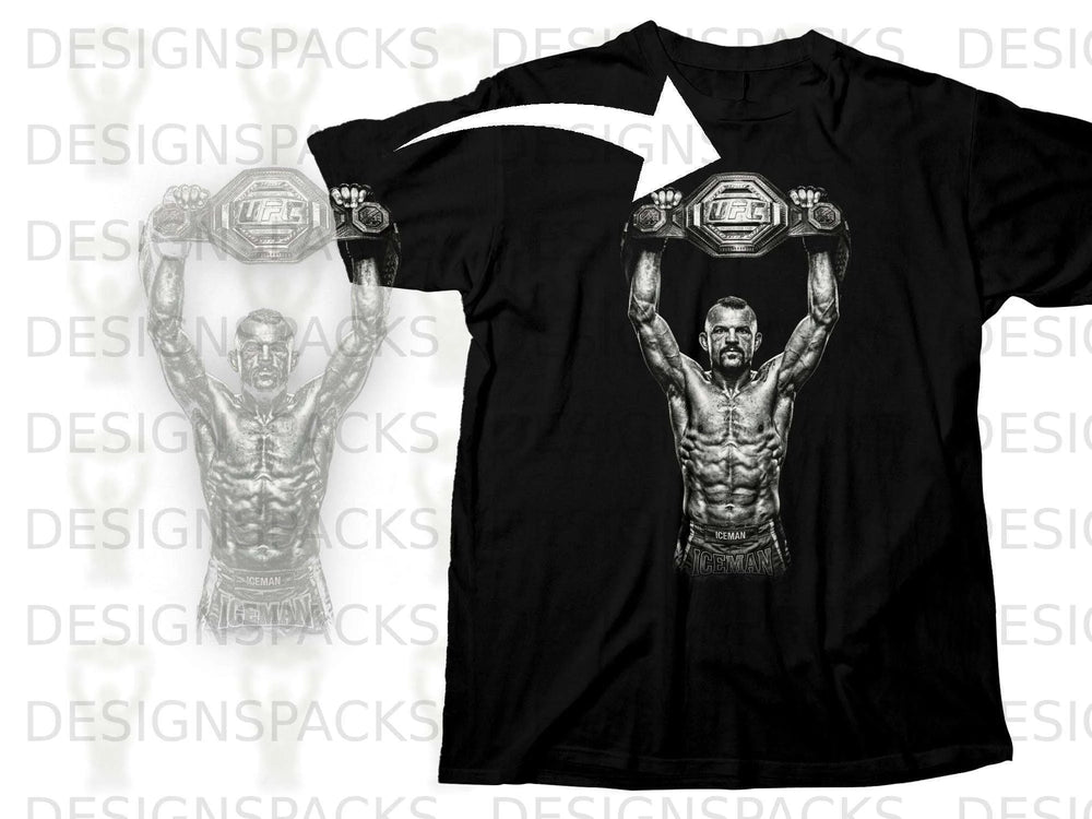 Black t-shirt with illustration of fighter holding UFC championship belt.