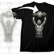 Black t-shirt with illustration of fighter holding UFC championship belt.