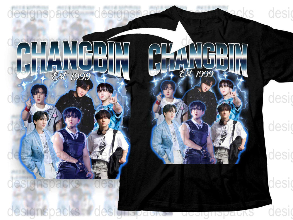 Changbin Est 1999 Fan T-Shirt, K-Pop Idol Group Member, Multiple Poses, Music and Pop Culture Apparel