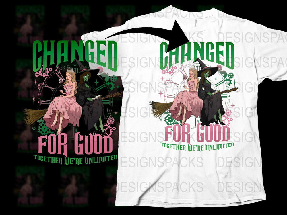 Broadway Musical Inspired T-Shirt, Witch Graphic, 'Changed For Good' Quote, Feminine Design, Colorful Casual Wear