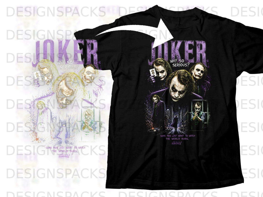 Black t-shirt with Joker graphic and text "WHY SO SERIOUS?".