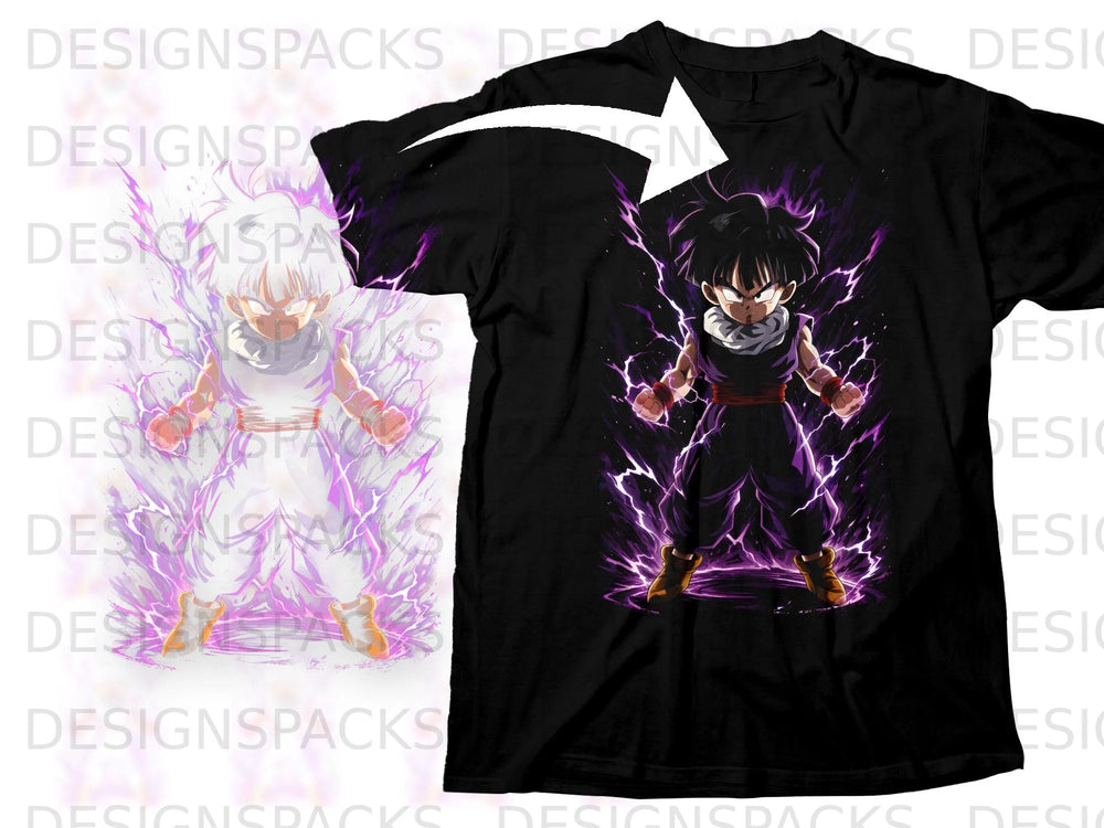 Black t-shirt featuring an anime character with purple lightning effects.