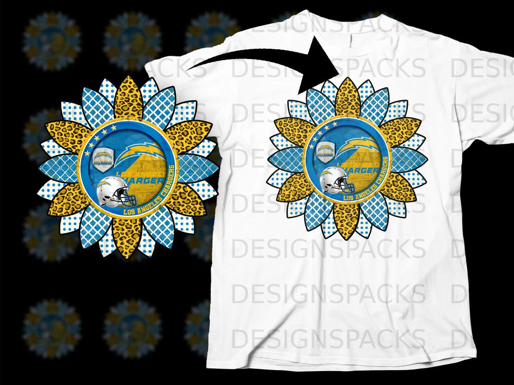 Los Angeles Chargers sunflower design on a white t-shirt.
