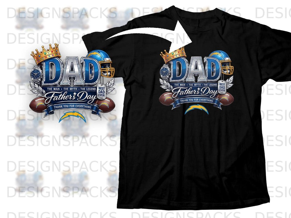 Black t-shirt with "Dad" design featuring a crown, helmet, footballs, and Chargers logo.