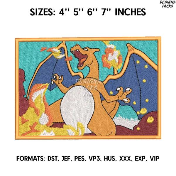 Charizard Embroidery Design File, Pokemon Anime Embroidery Design, Charizard Dragon Anime Pes Design Brother