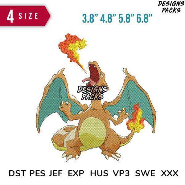 Charizard embroidery design in 4 sizes, compatible with DST PES JEF formats for instant download