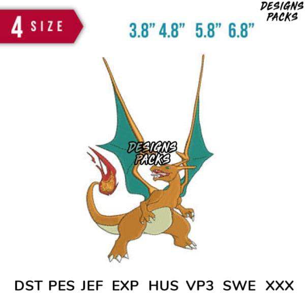 Charizard embroidery design in 4 sizes, available in DST PES JEF formats for instant download.