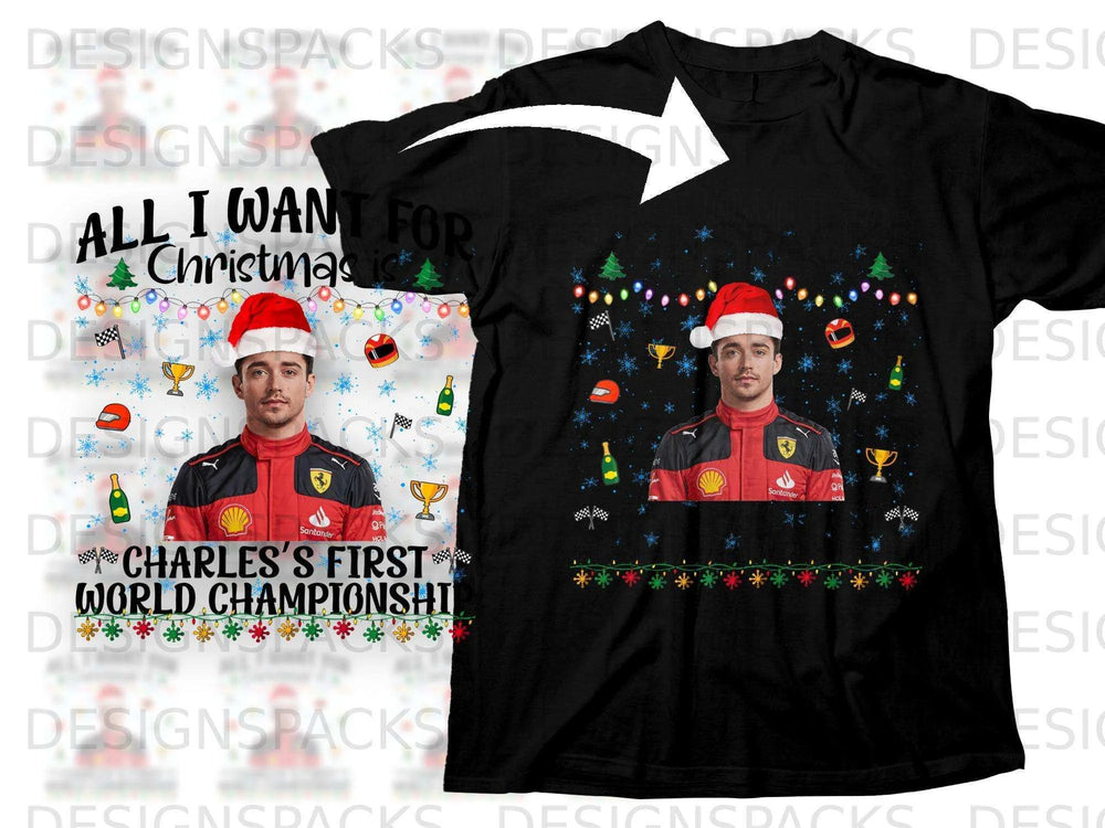 T-shirt with Charles Leclerc, Christmas lights, and "Charles's First World Championshi" text.