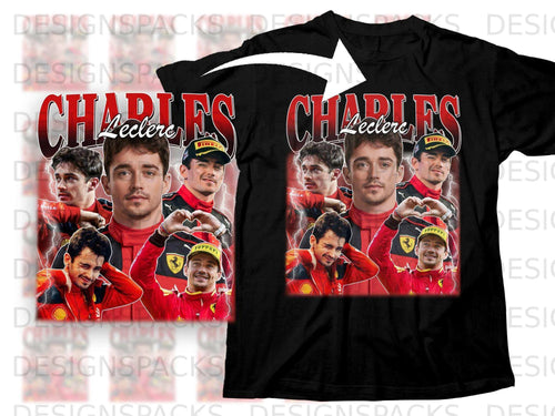 Charles Leclerc collage on a black t-shirt with Ferrari and Mille Miglia branding.