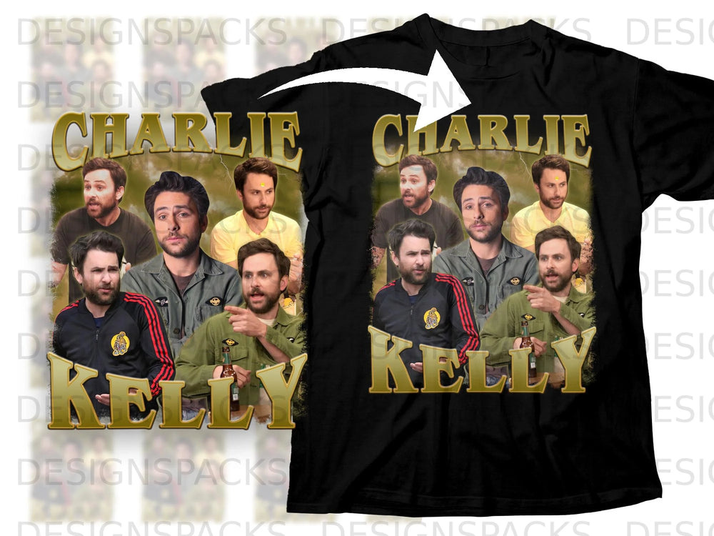 Black t-shirt design featuring "CHARLIE" and "KELLY" text with multiple portraits.
