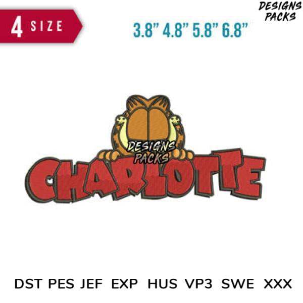 Charlotte name embroidery design with Garfield, 4 sizes, DST PES JEF formats