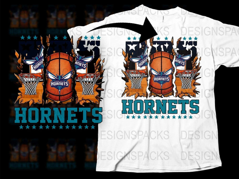 Hornets Basketball Team Graphic T-Shirt, Bold Blue and Orange Design, Sports Fan Apparel