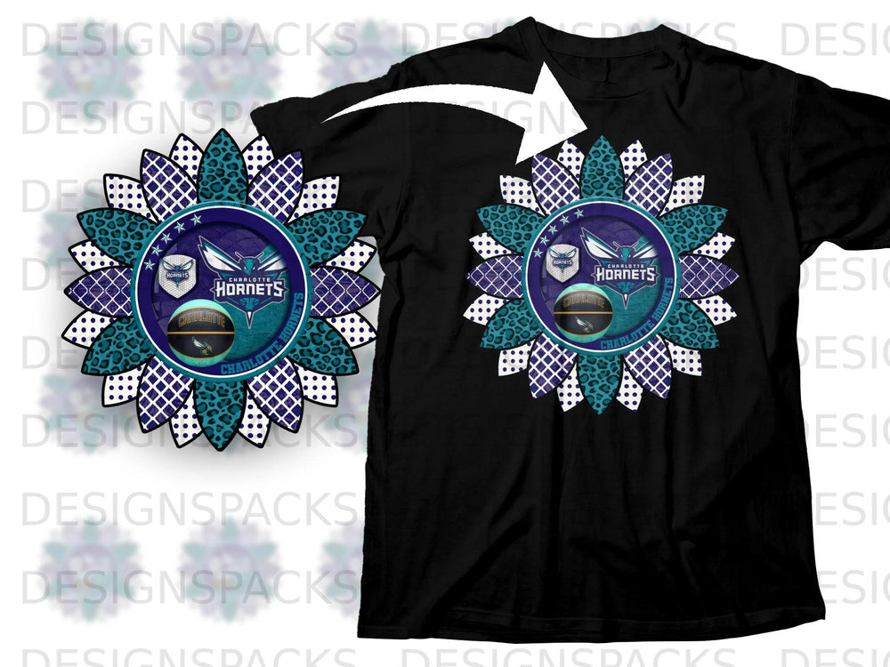 Charlotte Hornets sunflower graphic on a black t-shirt with aqua and purple accents.