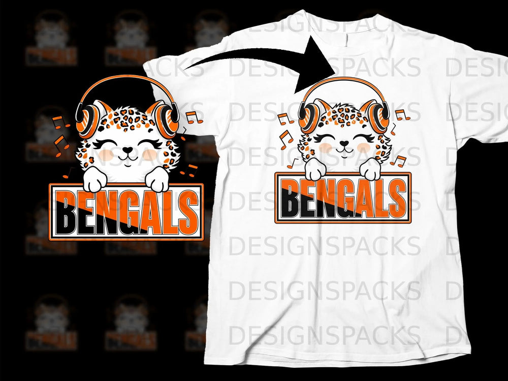 Cartoon leopard cub wearing headphones holds sign that says "BENGALS".