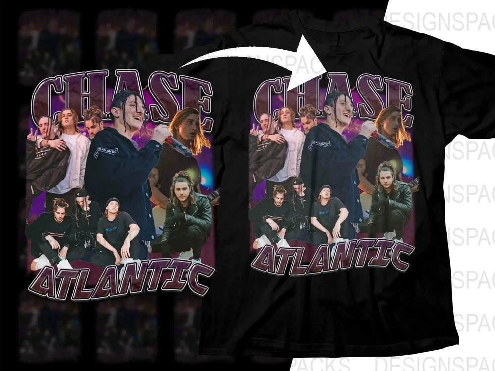 Chase Atlantic band print on black t-shirt, vibrant purple design, music group collage