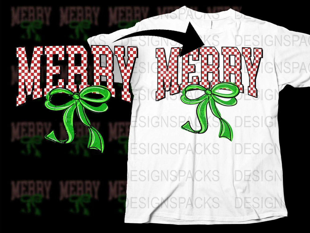 Festive Merry Christmas T-Shirt, Plaid Lettering, Green Bow Graphic, Holiday Casual Wear, Unisex Gift Idea