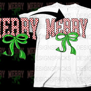 Festive Merry Christmas T-Shirt, Plaid Lettering, Green Bow Graphic, Holiday Casual Wear, Unisex Gift Idea
