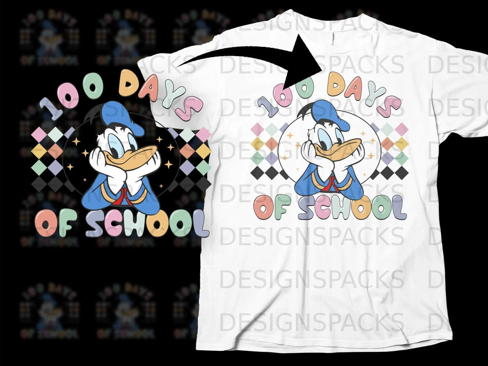 Donald Duck on white t-shirt with "100 Days of School" text and geometric pattern.
