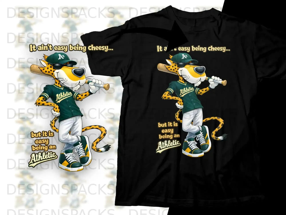 Cheetos mascot with baseball bat on black t-shirt, "It ain't easy being cheesy" text.
