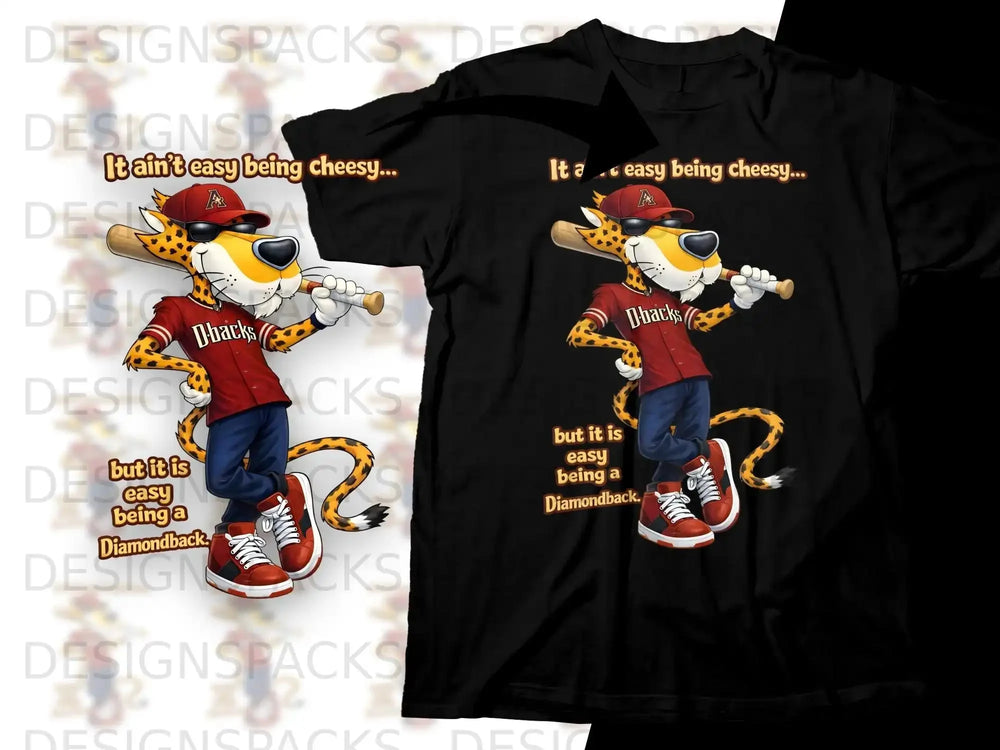 Cheesy Diamondback mascot wearing shirt and holding bat, text reads "It ain't easy being cheesy... but it is easy being a Diamondback."