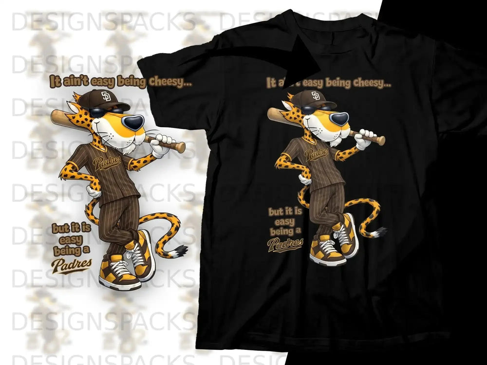 Chester Cheetah wearing a Padres baseball uniform, with text.