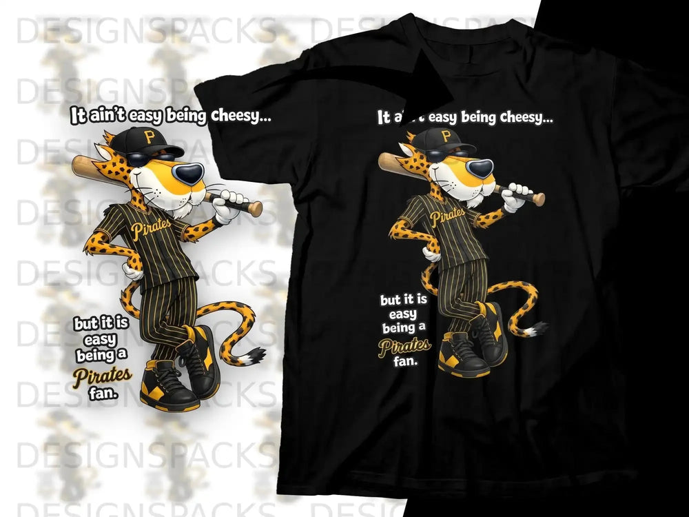 Chester Cheetah in a Pirates baseball uniform holding a bat.