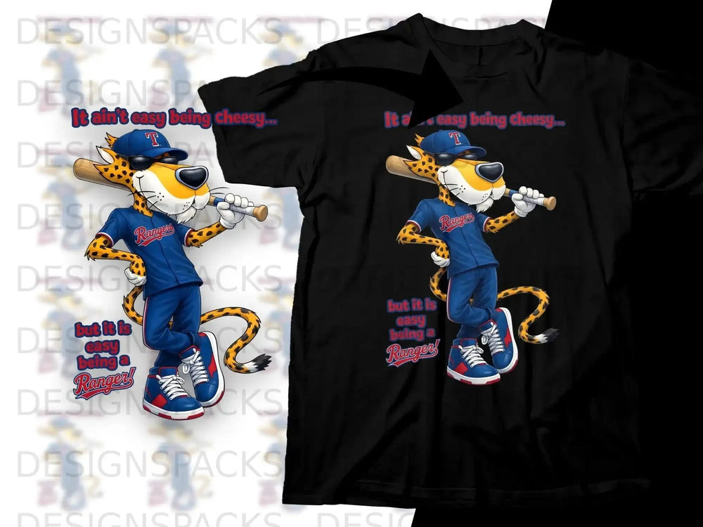 Cartoon cheetah wearing Rangers baseball uniform and batting stance.