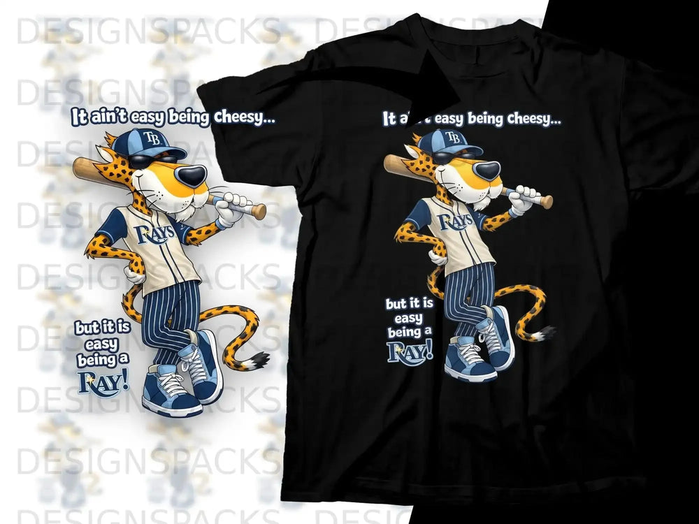 Chester Cheetah wearing a Tampa Bay Rays baseball uniform holding a bat.