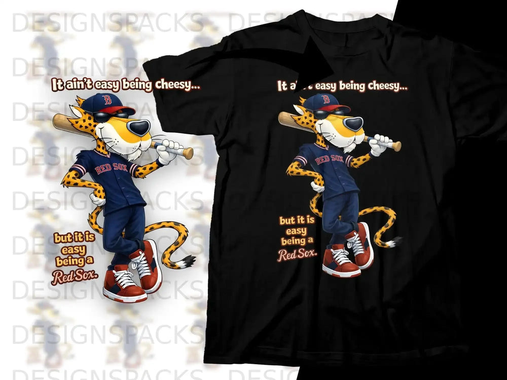 Black t-shirt with cartoon cheetah wearing Red Sox gear, holding a baseball bat.