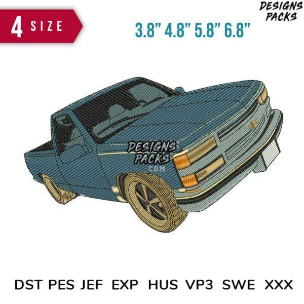 Blue classic pickup truck embroidery design in 4 sizes, compatible with DST PES JEF formats for instant download.