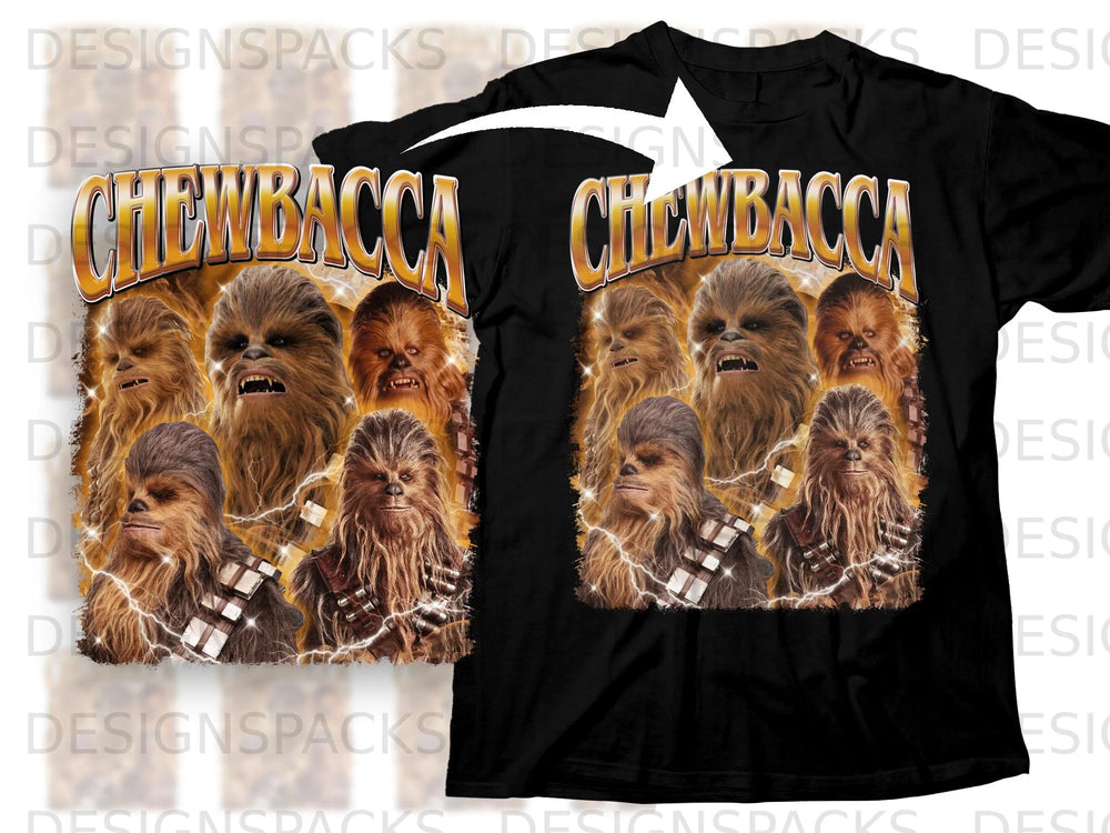 Black t-shirt with "CHEWBACCA" text and multiple Chewbacca characters.