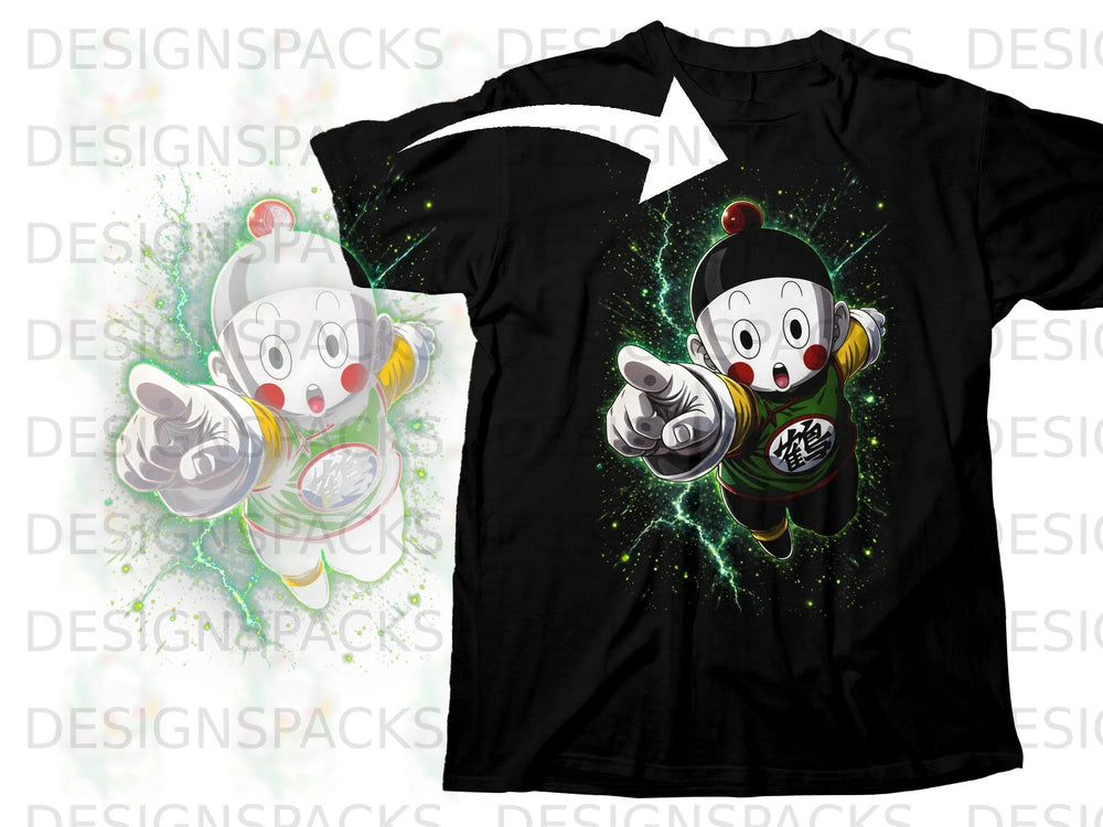 Chaozu pointing forward on a black t-shirt with green energy and lightning effects.